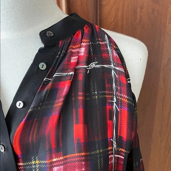 Nicole Miller Red and Black Plaid Cold Shoulder Blouse - Picture 2 of 10